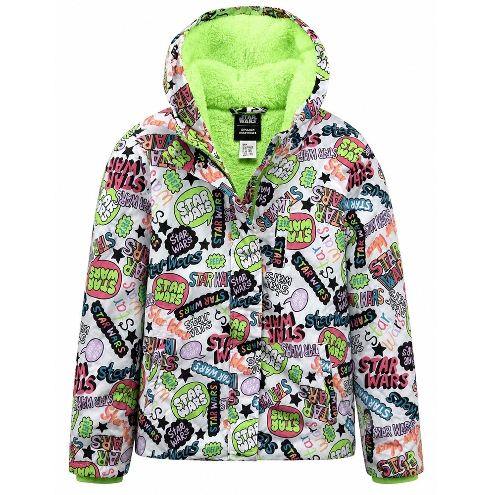 Amazon Essentials Star Wars Kids L Puffer Fleece Lined White Multi Print Hooded
